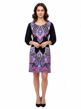 K&C blue pink white paisley sheath Dress Size Large quarter sleeve rayon spandex